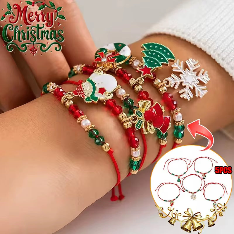 5Pcs/Set Christmas Crystal Bracelet - Snowflake Tree Pendant, CCB Beads Adjustable Thread Rope for Women