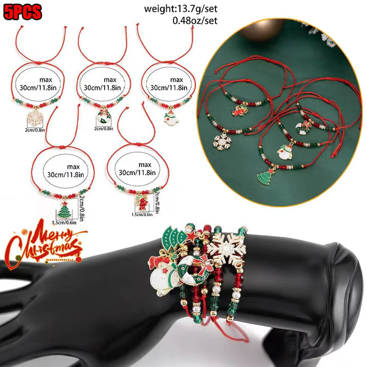 5Pcs/Set Christmas Crystal Bracelet - Snowflake Tree Pendant, CCB Beads Adjustable Thread Rope for Women