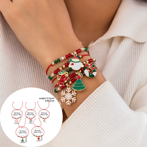 5Pcs/Set Christmas Crystal Bracelet - Snowflake Tree Pendant, CCB Beads Adjustable Thread Rope for Women
